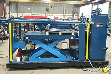 This automated sheet feeder from Union Tool accepts a stack of metal sheets or blanks and feeds them one at a time to a conveyor line or a processing machine. 